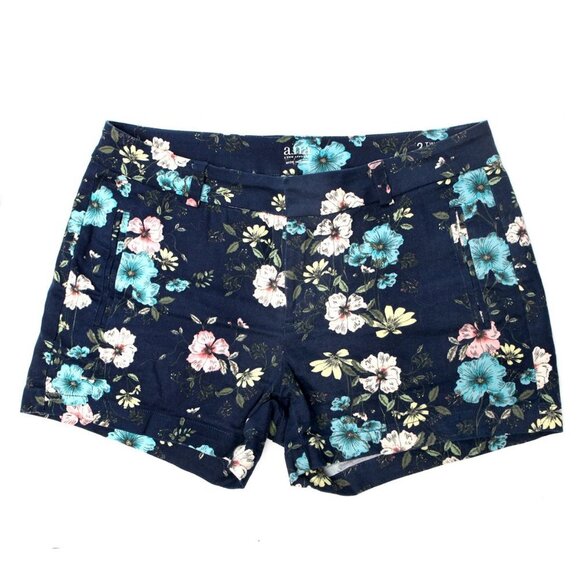 a.n.a Cotton Twill Shorts Floral Mid Rise Stretch Soft Navy Blue Pink - Picture 1 of 7